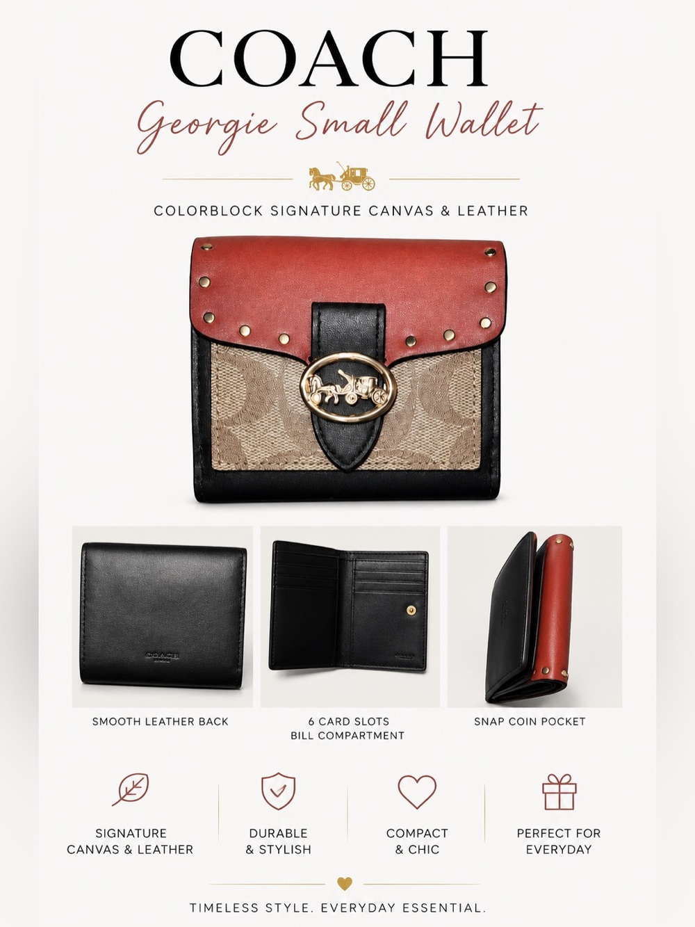 Coach Georgie Small Wallet Colorblock Signature Canvas and leather with Rivets